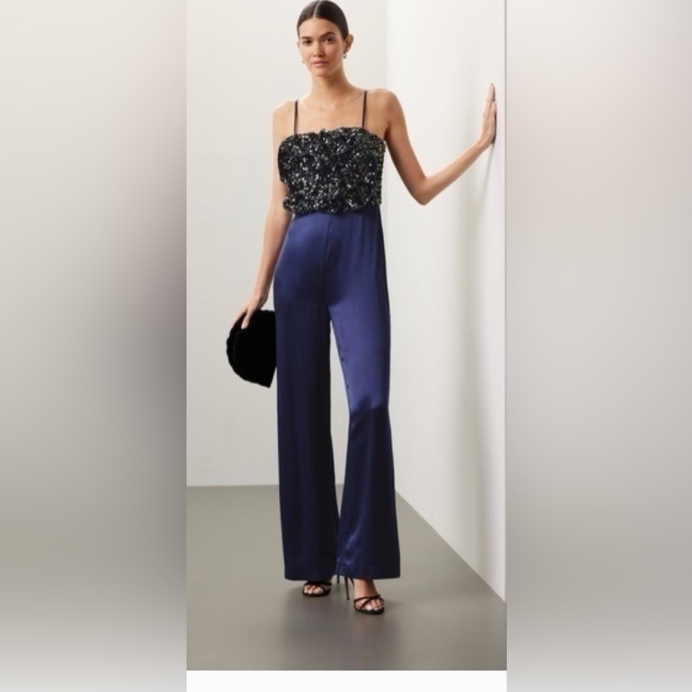 Badgley Mischka Satin Wide Leg Jumpsuit Pants in Deep Navy